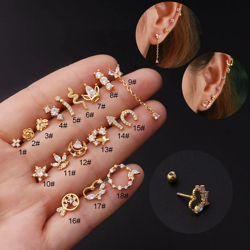 

1PC CZ Gold Flower Star Ear Bone Cartilage Piercing Earrings for Women Small Tragus Rook Conch Helix Daith Tragus Labret Jewelry