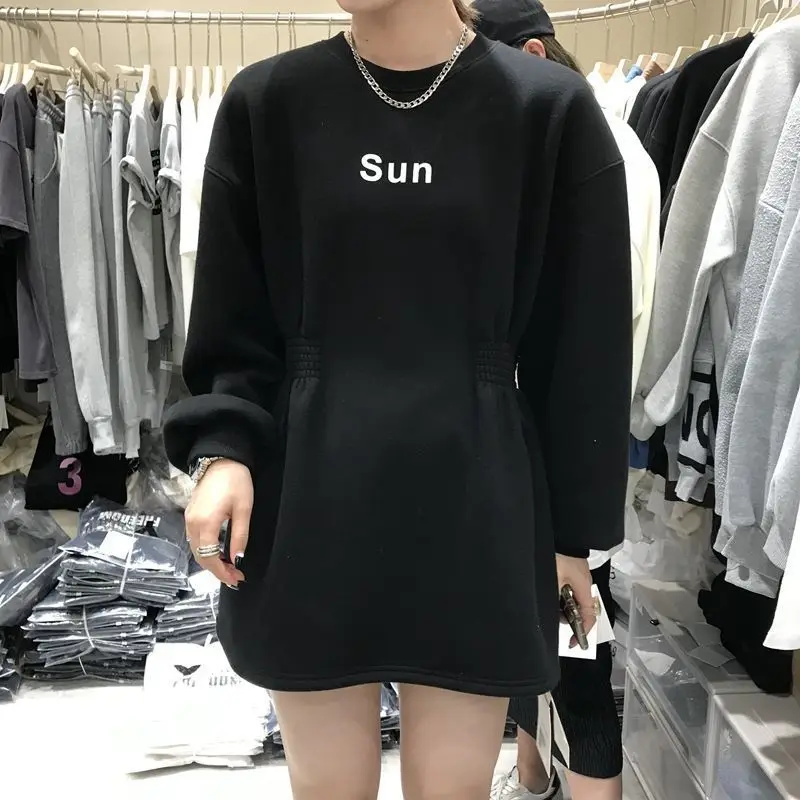 

Autumn and winter new round neck waist slim medium length letter casual sweater dress women's Plush thickened top