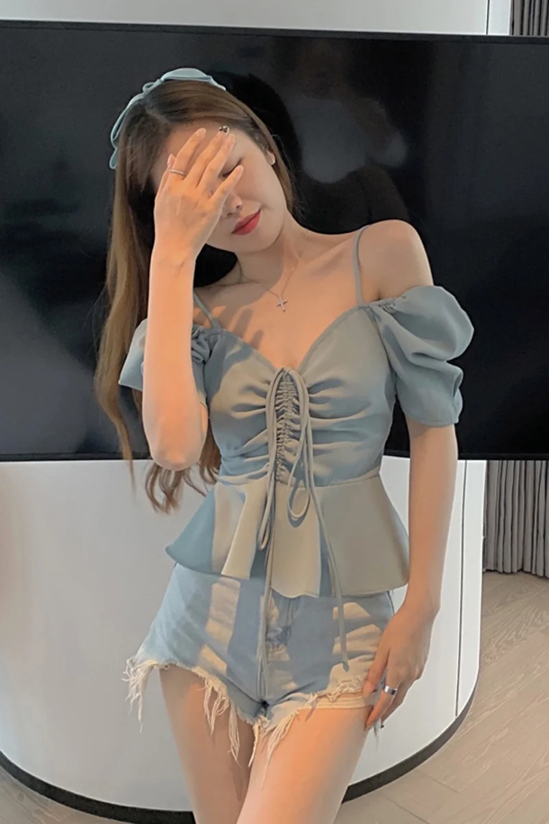 

COIGARSAM Sexy blouse women French Style Slash neck Spaghetti Strap blusas womens tops and blouses Black Light Blue 0696