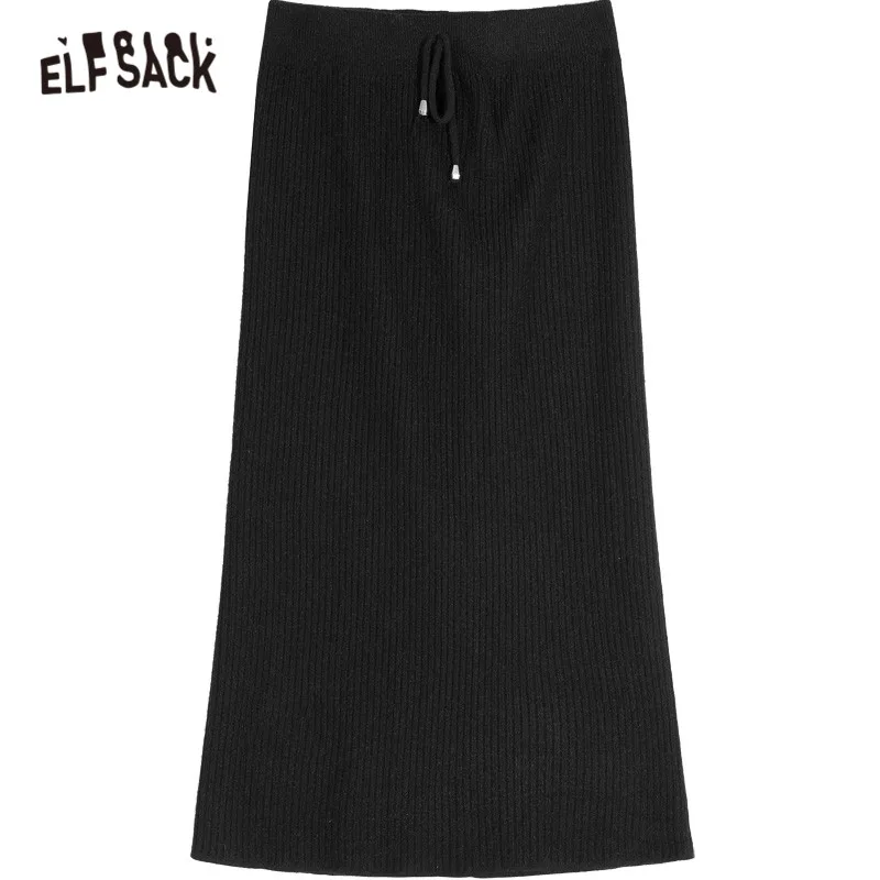 ELFSACK Black Solid Split Empire Waist Knitted Skirt Women Winter Pure New Elegant Skinny Office Ladies Daily Skirts