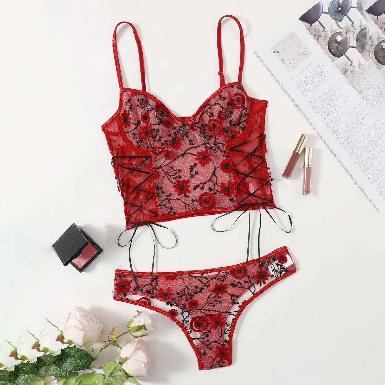 

Sexy G-string Flowers Embroidery Bralette Lace Bra Bustier Lingerie Thong Keep Juice One-piece Stockin Women sexy Fashion New