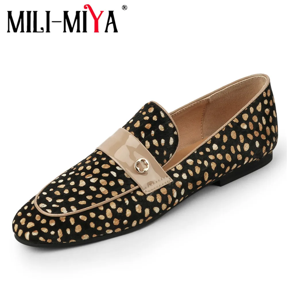 

MILI-MIYA Leisure Travel Party Dress Wild Single Shoes Pony Hair Square Toe Sexy Retro Small Leopard Slip On Mother Flat Heels