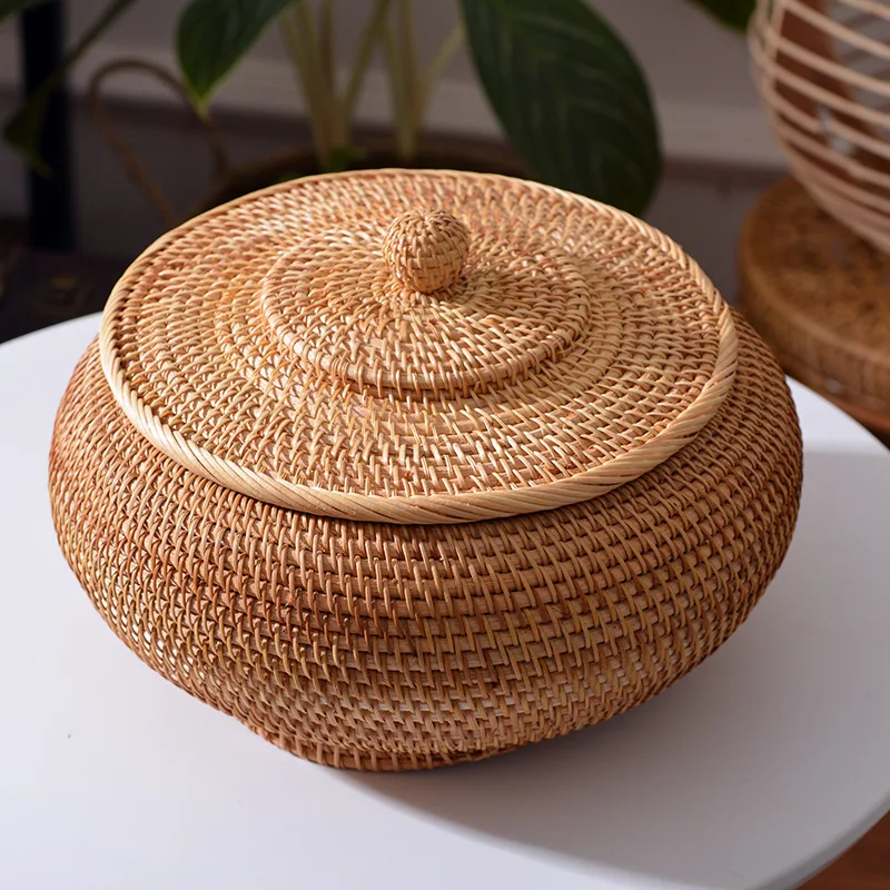 

Rattan Boxes with Lid Hand-Woven Multi-Purpose Wicker Tray Durable Rattan Fiber Round 11 Inch Table Storage Bread basket
