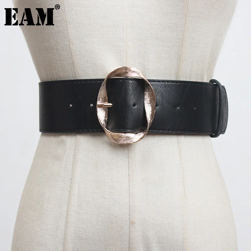

[EAM] Pu Leather Black Big Buckle Split Joint Long Belt Personality Women New Fashion Tide All-match Spring Autumn 2022 1DC098