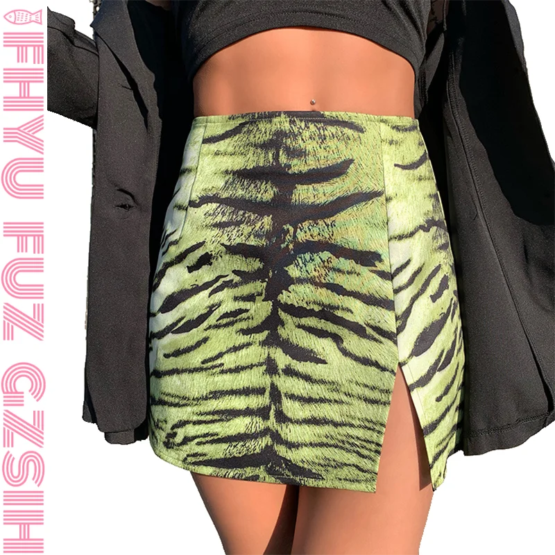 

FHYU Summer The New Woman Tiger pattern Short Skirt Fashion Casual Sexy Street Printing Split Fork Package Buttock Skirt S,M,L