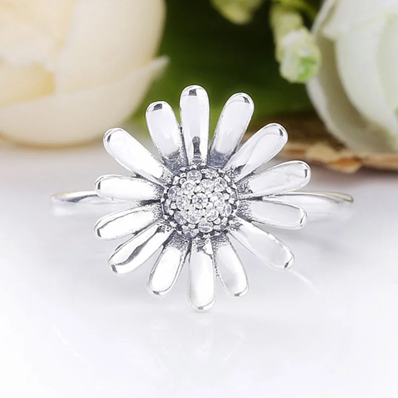 

Original Pave Daisy Flower Statement With Crystal Ring For Women 925 Sterling Silver Ring Wedding Party Gift DIY Europe Jewelry