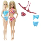2 комплекта Модный Купальник для куклы в синюю полоску топы нижнее бельё для девочек Купальник пляжное одежда с цветком, Одежда для куклы Барби Accessoies детская игрушка