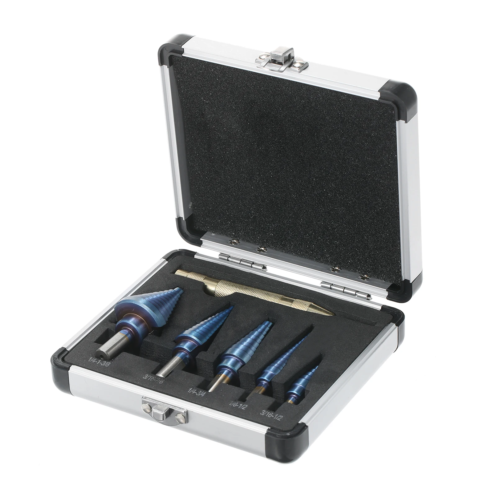 

50 Sizes HSS Step Drill Bit Set with Automatic Center Punch and Aluminum Case Multiple Hole Titanium Straight Grooved Step Drill