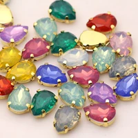 mix color opal waterdrop sew on rhinestones with gold base claw resin rhinestone buttons for diy hoes hats jewelry decoration