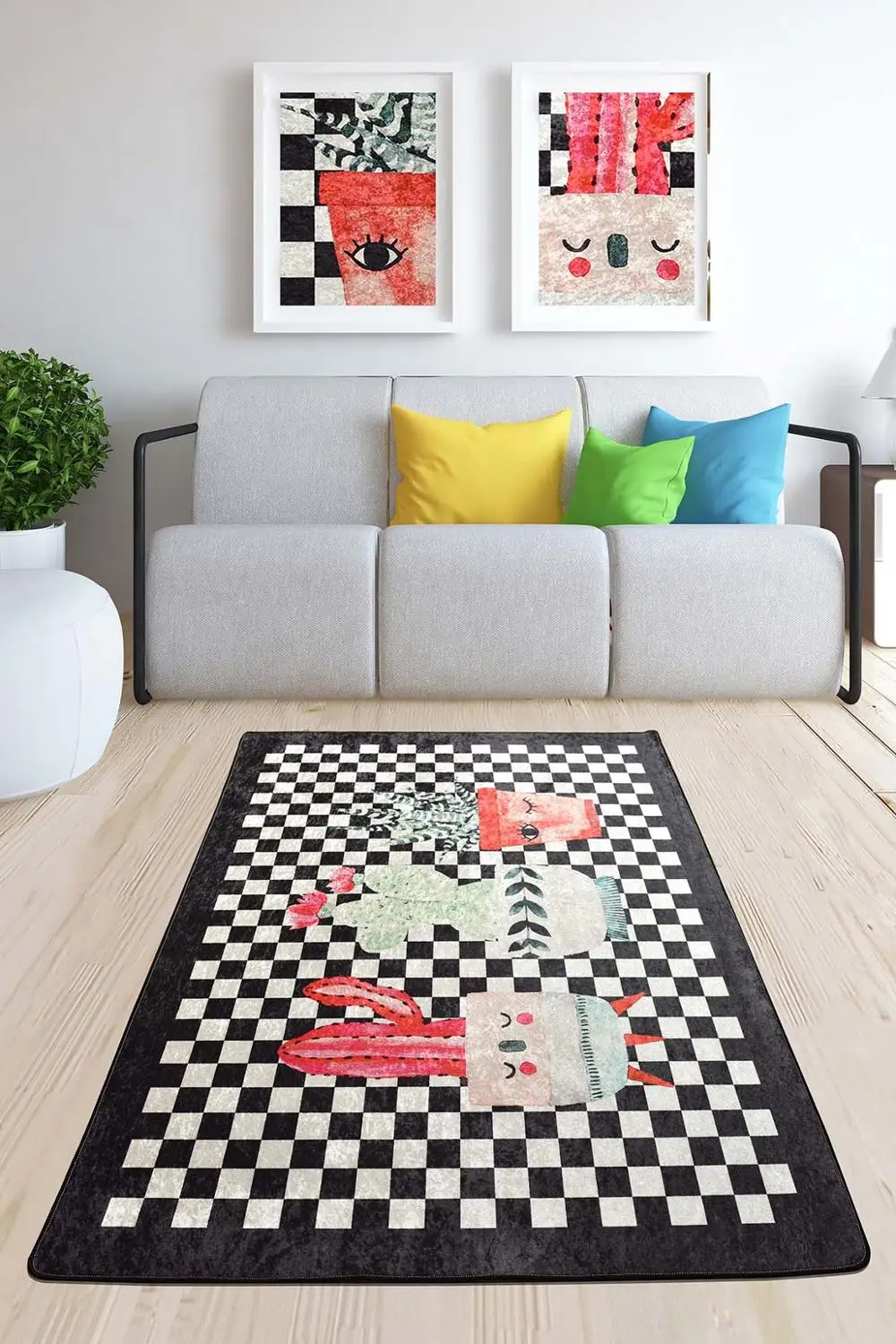 

Black Happy Cactus Printed Livingroom Area Rugs Modern Rug Bedroom Carpet Dekorative Rug Non-slip Sole Carpet