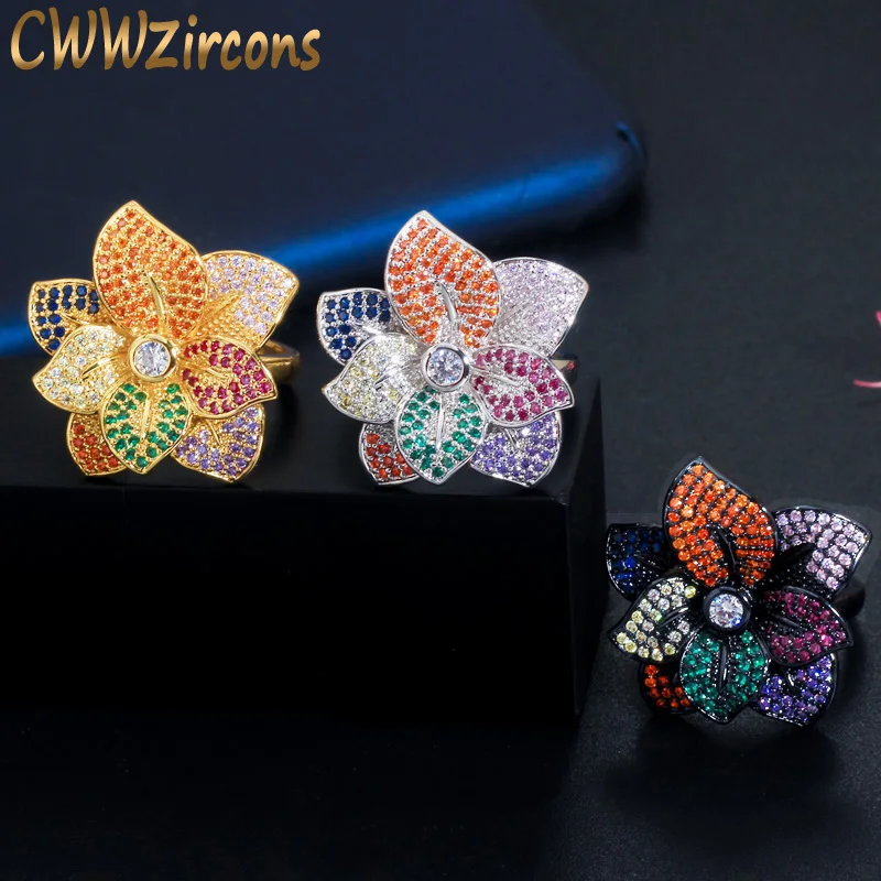 Cwwzircon 3D Большой разноцветный цветок регулируемые Открытые Кольца для женщин
