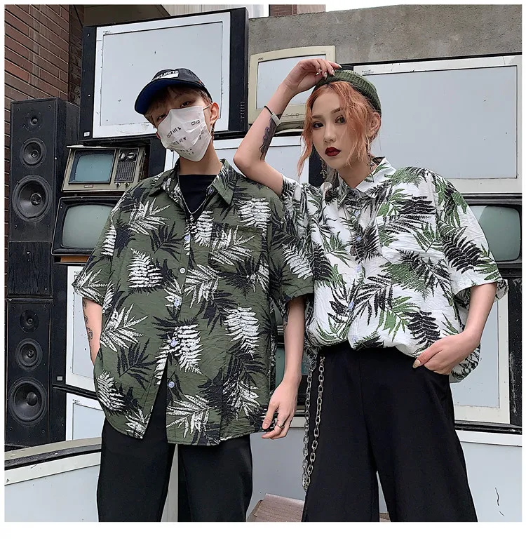 

Korean Men Women Harajuku Streetwear Hiphop Loose Oversized Leaf Print Top Shirt Blouse Short Sleeve Lovers Students Streetwear