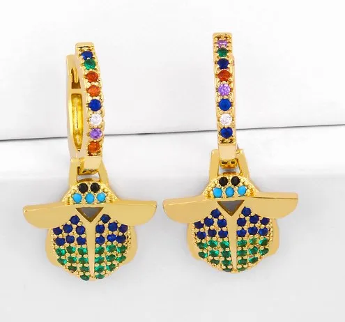 

Разноцветные латунные серьги-кольца в виде насекомого с цирконием