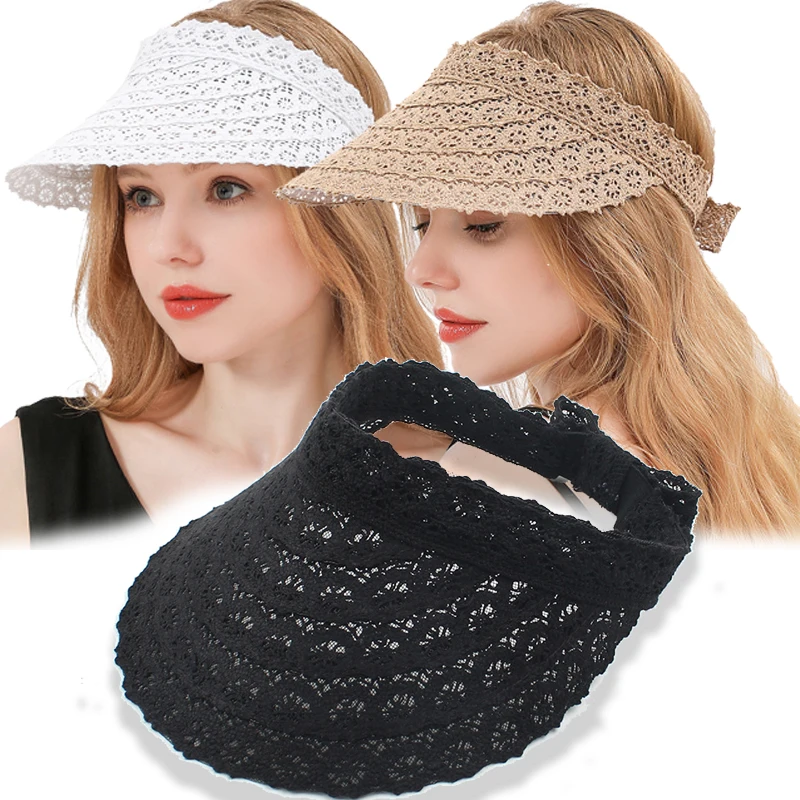 

2021 Women Sun Visor Hat Lace Straw Wide Brim Peaked Cap Summer UV Protection Foldable Hollow Top Hats Sunscreen Caps Girls
