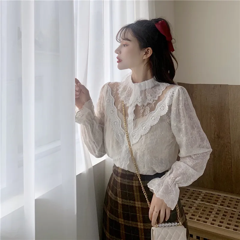 

Sweet Style Loose Ruffles Lace Tops Spring Womens Tops and Blouses Korean Fashion Clothing Flare Sleeve Shirts Kawaii New 2021