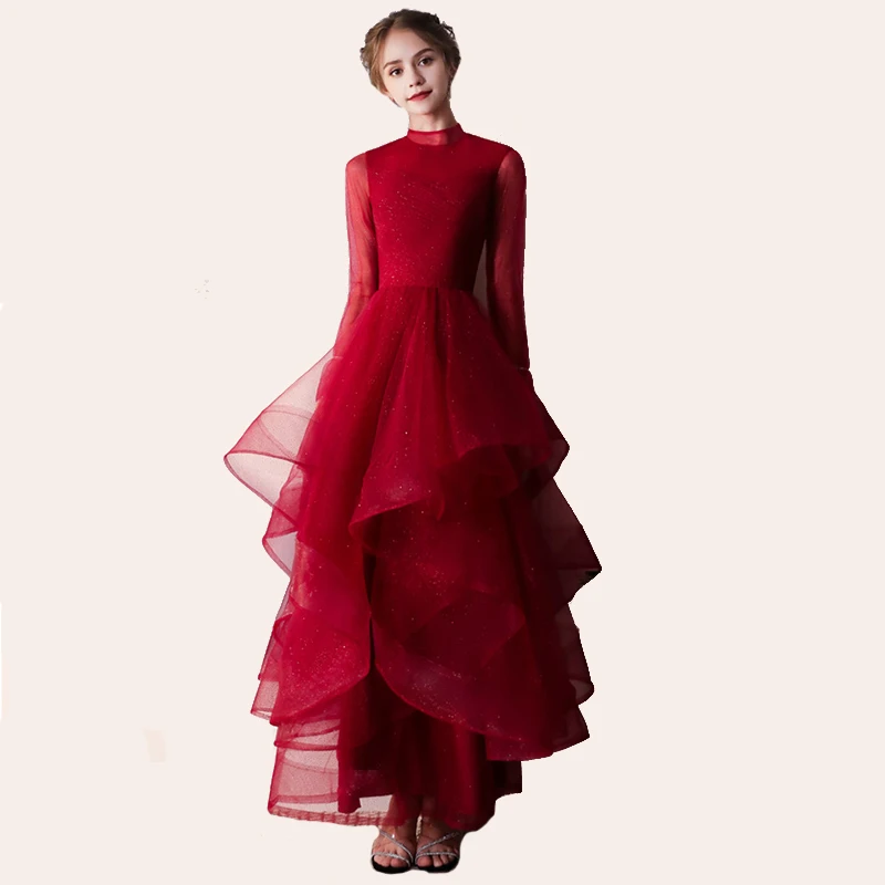 Красное вечернее платье с высокой горловиной модное рюшами тюль иллюзия