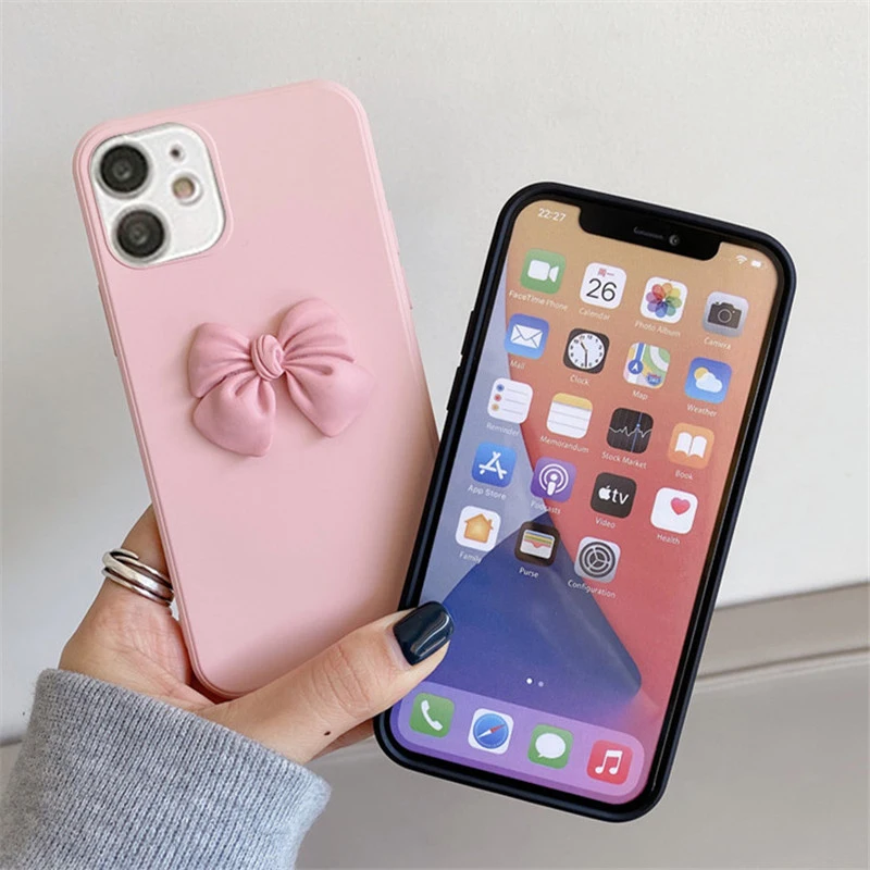 

3D Bow Soft TPU Solid Color Candy Cover Phone Case For iPhone 8 7 Plus XS 12 Mini Pro MAX 11 Pro Max X XR Back Protective Capa