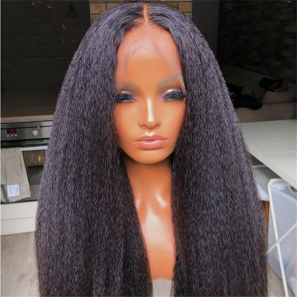 

Yaki Synthetic Lace Front Wig Black Color Long Kinky Straight Wigs With Baby Hair Middle Part Japanese fiber Hair For Women