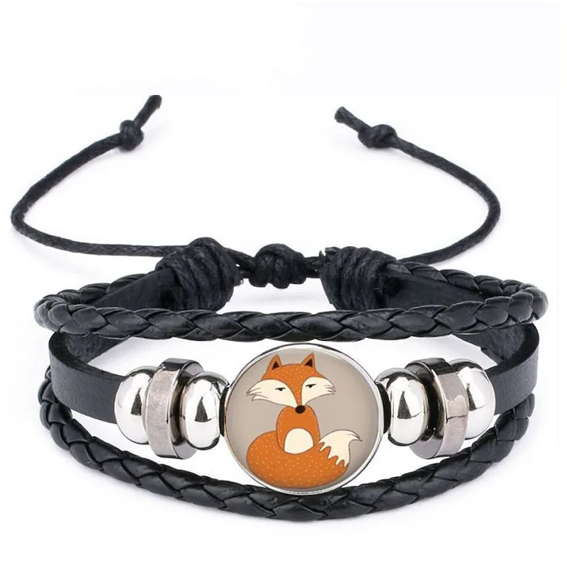 Qiyufang Vintage Bracelets black Color Leather Jewelry for Women Accessories Fox Picture Glass Cabochon Stud Animal bracelets | Украшения и