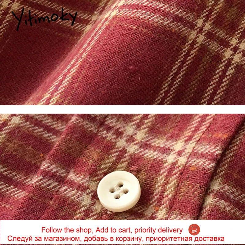 

Yitimoky Red Shirt and Blouse Women Top Korean Fashion Clothing Button Up Plaid Harajuku Vintage Long Sleeve Casual 2021 Spring