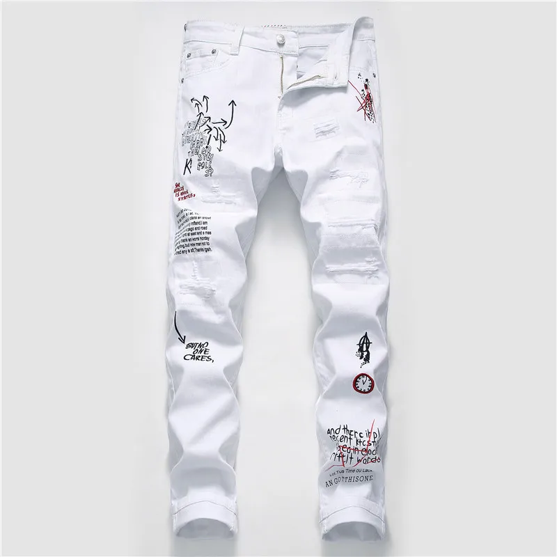 

LUCLESAM Men Graffiti Printing White Ripped Jeans Mens Streetwear Slim Fit Denim Trousers jeans masculino pantalones de hombre