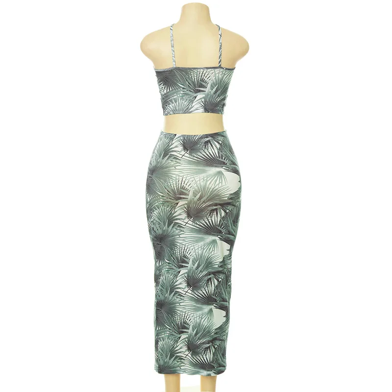 

ANJAMANOR Tropical Printed Vacation Dress Sets Sexy 2 Piece Sets Womens Outfits Maxi Skirt Crop Top Wholesale Items D85-BH20
