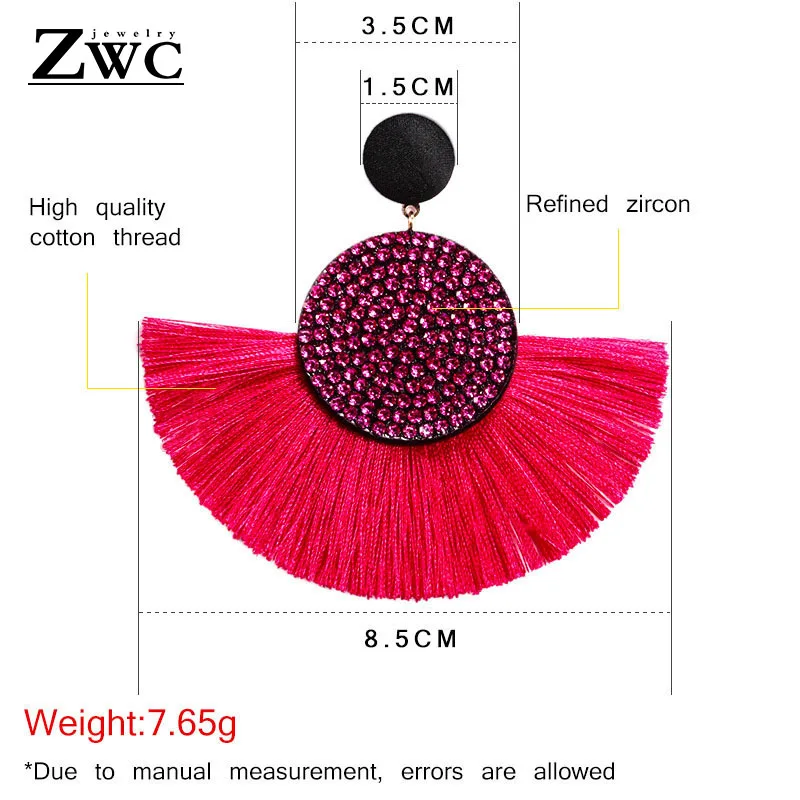 

ZWCX Fashion Bohemian Tassel Crystal Big Earrings Black White Red Silk Fabric Drop Dangle Statement Earrings For Women Jewelry