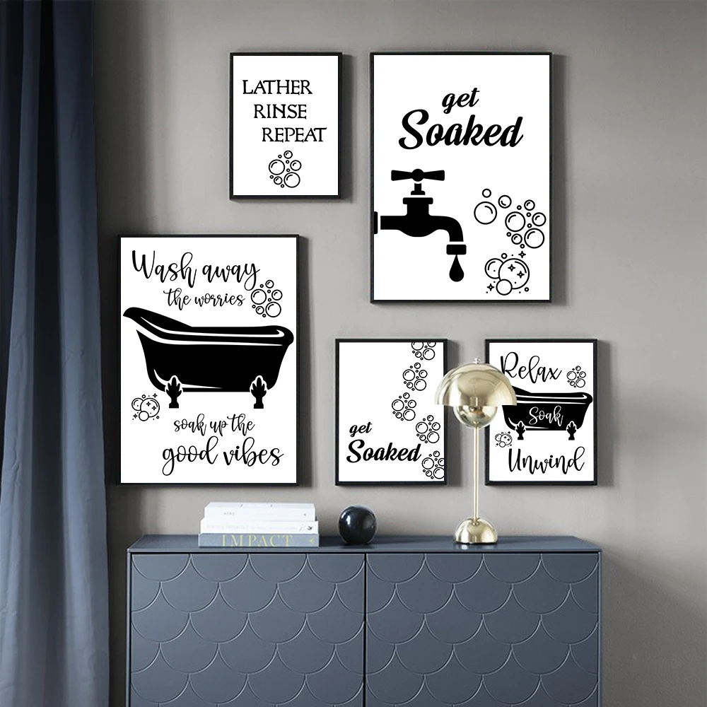 

Funny Bathroom Sign Wall Art Canvas Painting Nordic Black White Qoute Wash Away Worries Poster Prints Washroom Pictures Decor