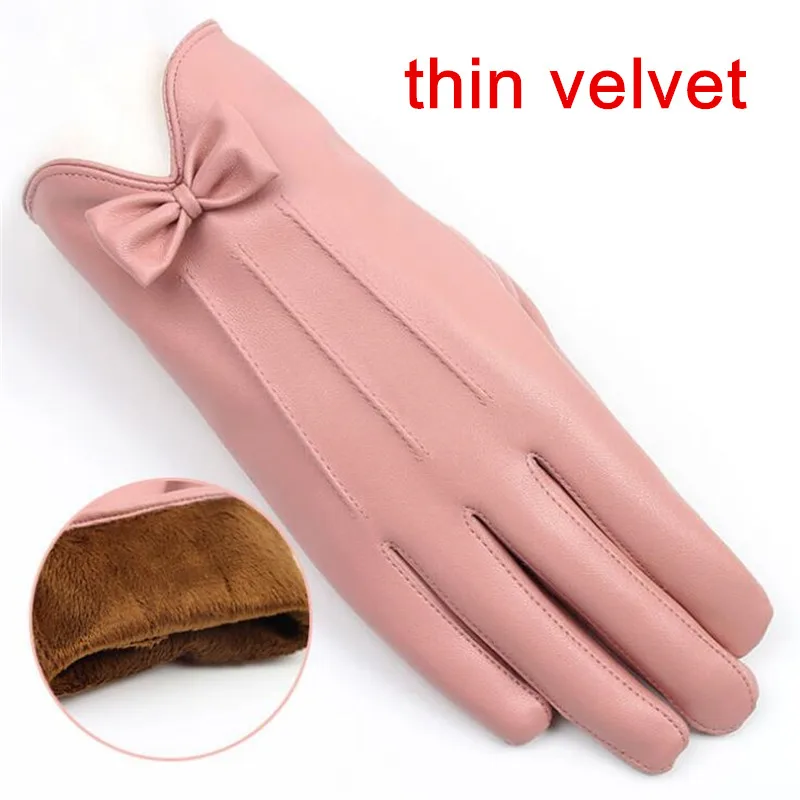 pink thin velvet Новое поступление женские зимние теплые модные розовые перчатки из искусственной кожи с бантом - Цвет: pink thin velvet