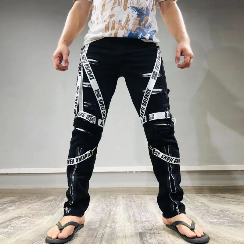 2022 New Arrival Patch Straps Hip Hop Men Pencil Jeans Trousers Hole Ripped Slim Punk Goth Denim Pants For Teens Pantaloni Uomo
