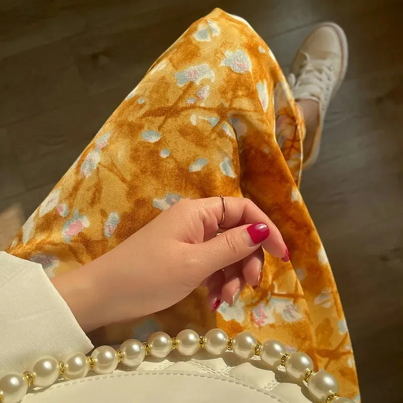 

Blue Oil Painting Printing Pleated Skirt Women Vintage Harajuku High Waist Long Skirt Korean Style Summer Clothes