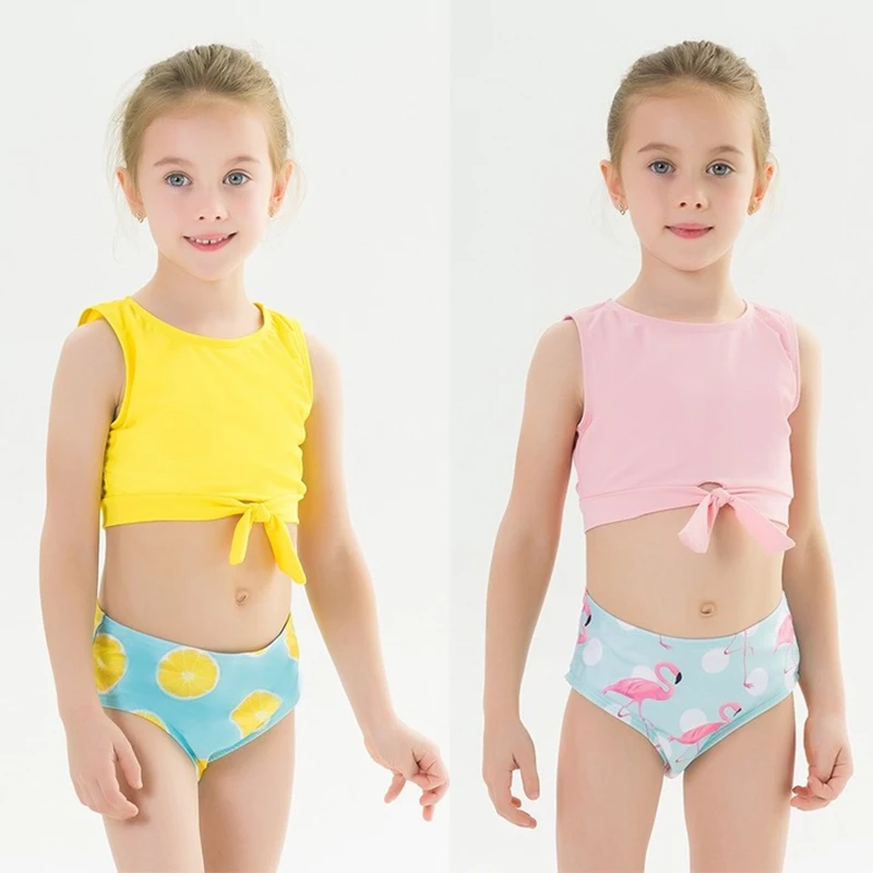 

2-7Y Girls Swimsuit Two Piece Swimwear Kids Flamingo Swim Shorts Bathing Suit Toddler Baby Beachwear Pink Split Triangle Bikini