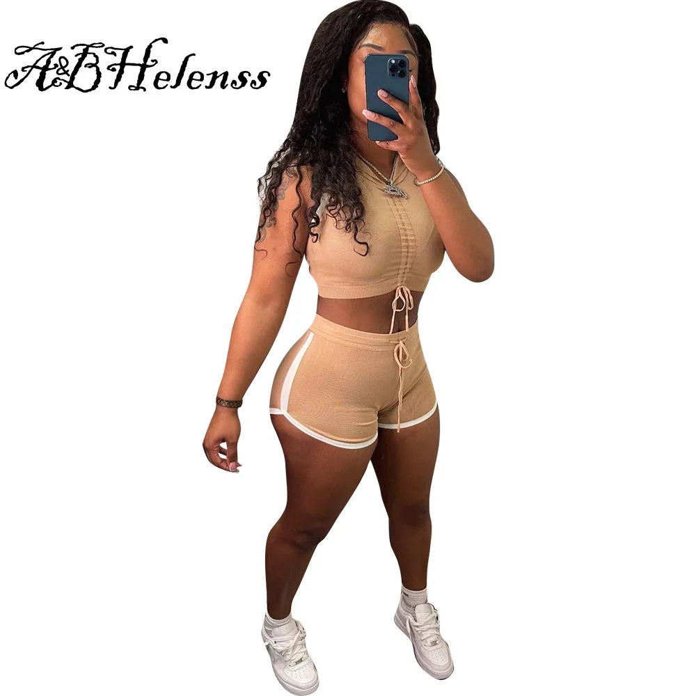 

Summer Soild Short Tracksuit Sexy Sport Fitness Drawstring Color Block Crop Top + Biker Shorts Bodycon Two Piece Set Women