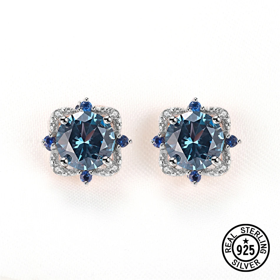 

Real 925 Sterling Silver Stud Earrings Women Blue Topaz Created Gemstone Luxury Special Wedding Jewelry 2021 Trendy Accessories