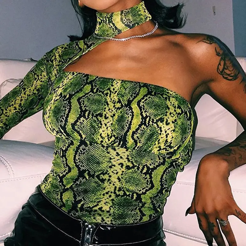 

Green Snake Skin Print Bodysuit Women Sexy One Shoulder Long Sleeve Tops Clubwear Bodycon Jumpsuit Streerwear