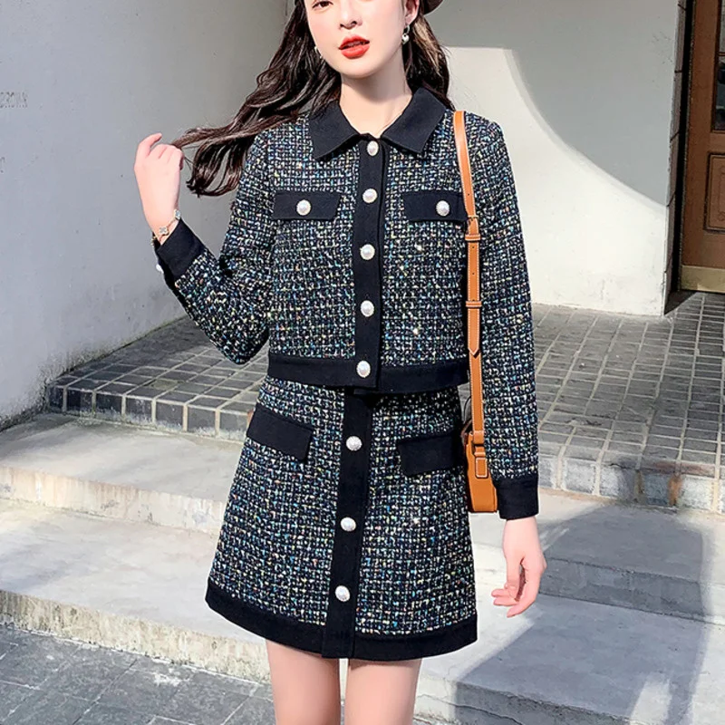 

High Quality Small Fragrance Tweed Two Piece Set Women Crop Top Jacket Coat + Skirt Suits Fall Winter French Vintage 2 Piece Set