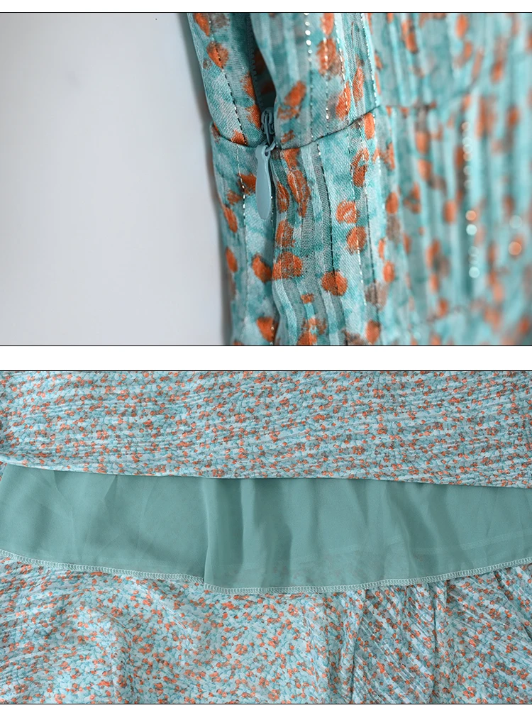 

2021 Spring and Autumn New Dress Chiffon Beach Big Swing Bow Knot V-neck Printing Korean Long Sleeves Dress for Women