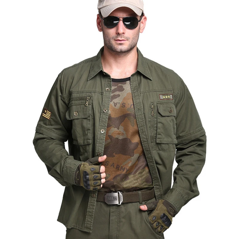 Outdoor Military Style Multifunctional Men's Cotton Long-sleeved Shirt Removable Sleeves Men's Tooling Jacket Men Clothing