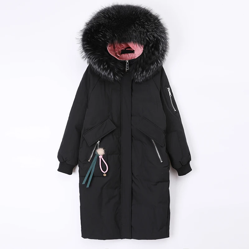 Женские зимние пальто, женские толстые куртки на белом утином пуху, облегающая длинная пуховая парка с капюшоном из меха енота, теплая одежда 2020 A8030