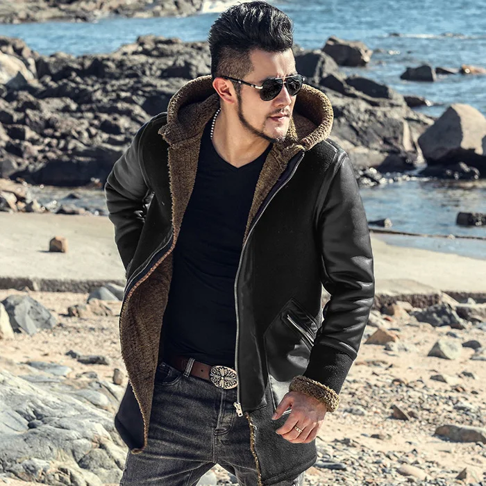 Мужская Меховая куртка средней длины из искусственной кожи ягненка с капюшоном
