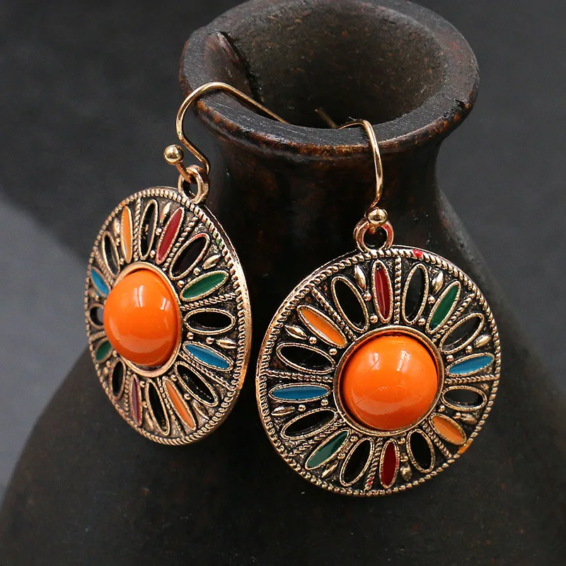 

Elegant Ethnic Bohemia Enamel Hollow Open Round Flower Earring Antique Gold/Silver Hook Earring Women Jewelry