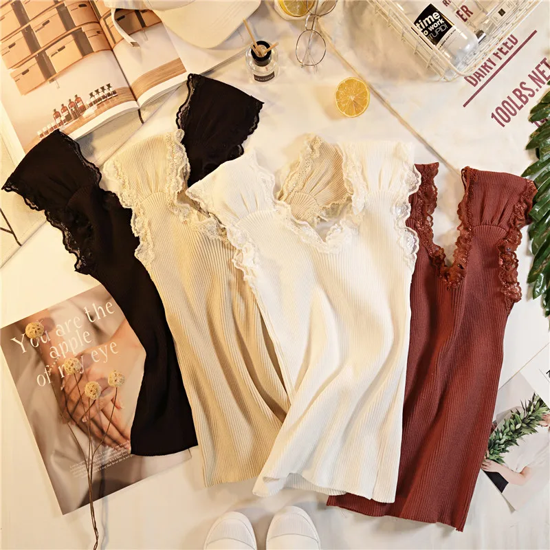 Майка женская кружевная с V-образным вырезом короткий топ без рукавов жилет