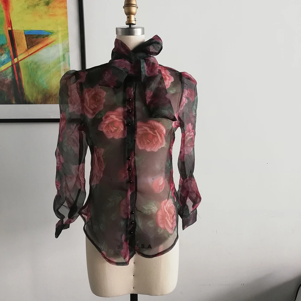 Прозрачная женская блузка с цветочным принтом летняя винтажная длинным рукавом