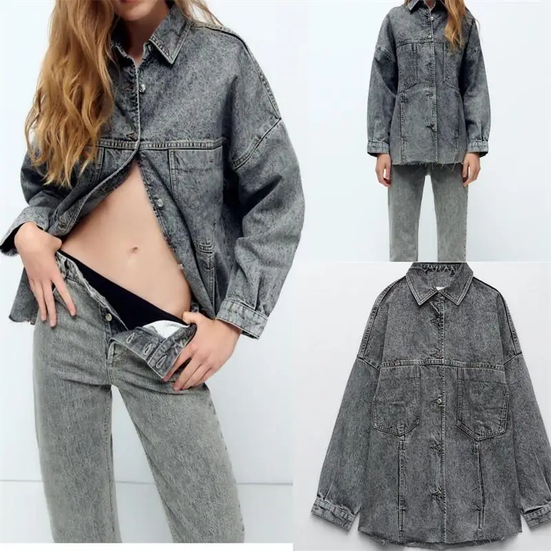 

MESTTRAF Women 2021 Fashion Washed Effect Denim Jacket Retro Long Sleeve Pocket Fringe Women's Outerwear Streetwear