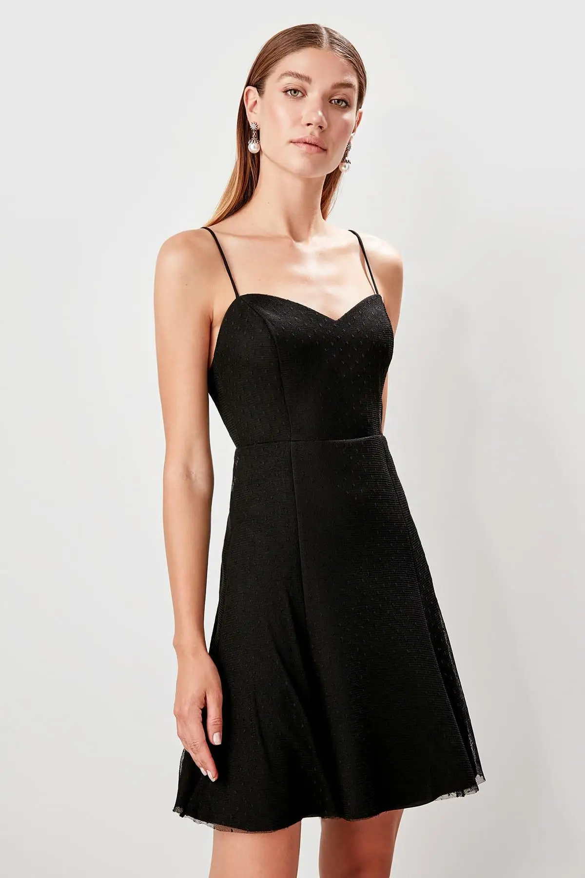 Trendyol черное платье из тюля в горошек TPRSS19BB0282|Женские платья| |