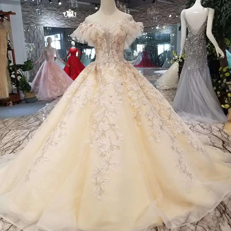 LSS182 вечернее платье цвета шампанского Длинное Пышное Платье с круглым вырезом и