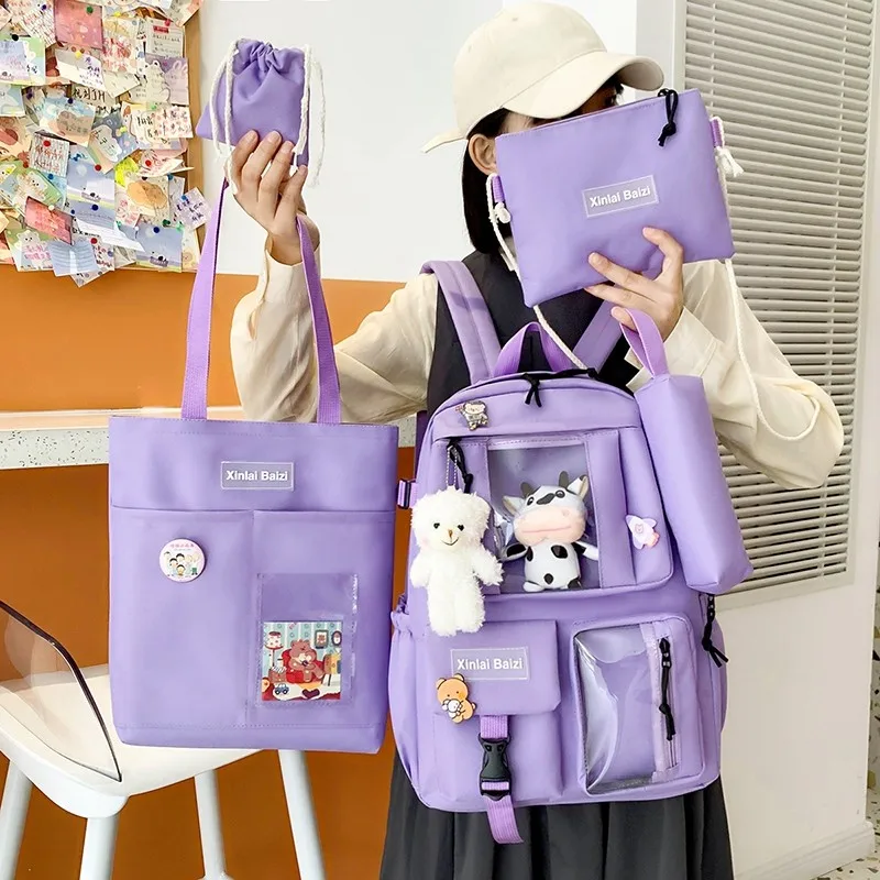 

5-piece Fashion Women's Backpack Pure Color Cute Cartoon Student Schoolbag Canvas Large Capacity Lightweight Travel Backpacks