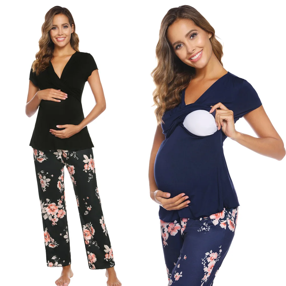 

nightwear Women Maternity Pajama Set Sleepwear summer autumn floral print comfortable Short Sleeve V-Neck Tops+Pants