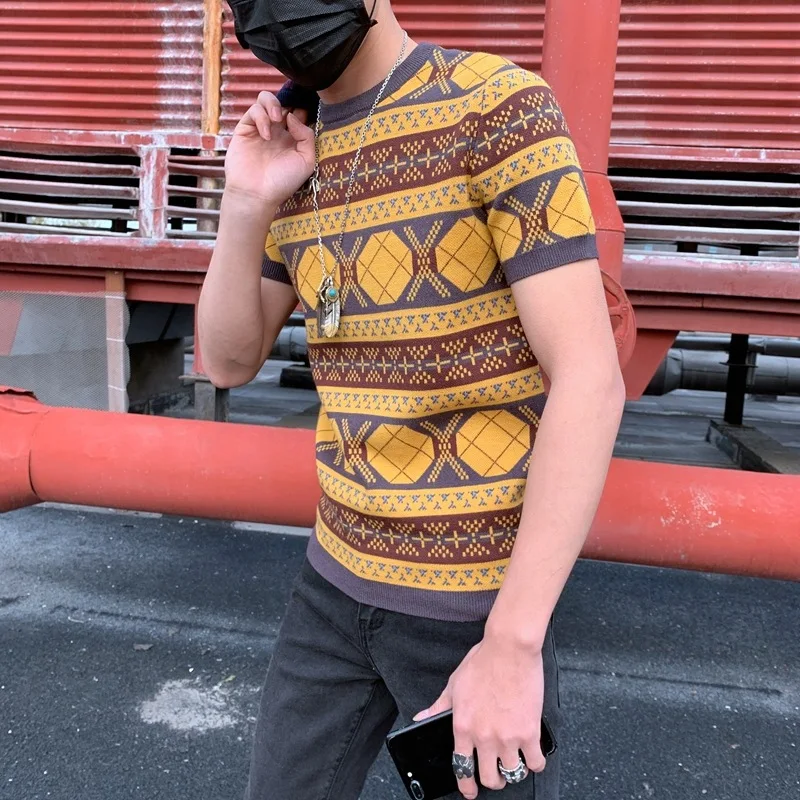 Мужской свитер с коротким рукавом Летняя трикотажная футболка в стиле Харадзюку уличная одежда хип хоп