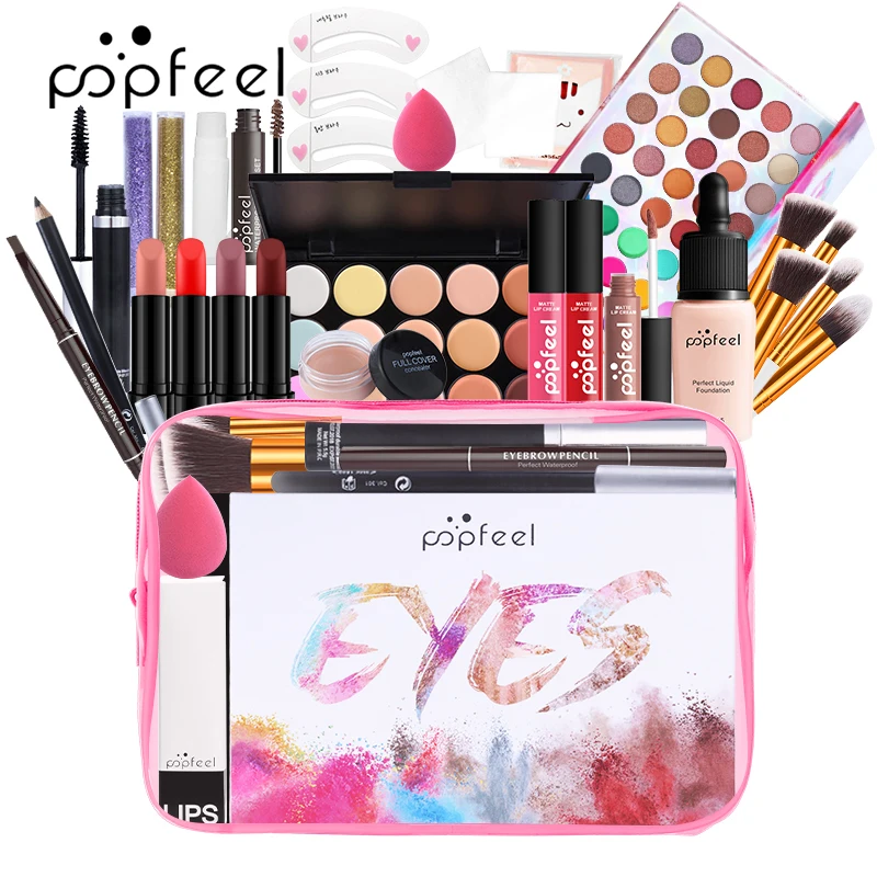 

POPFEEL Full Makeup Set Cosmetic Kits All In One Eyeshadow Mascara Eyeliner Lip gloss With Cosmetics Bag Professional Makeup Kit